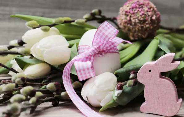 Rabbit, tulips, Holiday, Bow, Verba, Easter Eggs