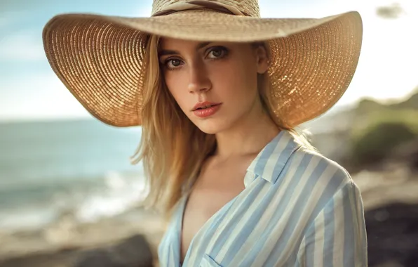 Picture sea, look, the sun, background, portrait, hat, makeup, hairstyle