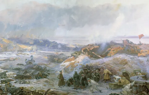 Picture winter, smoke, picture, soldiers, ruins, Painting, The great Patriotic war, infantry