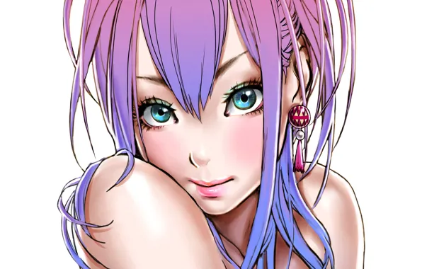 Girl, face, art, white background, earring, purple hair, shun yamashita