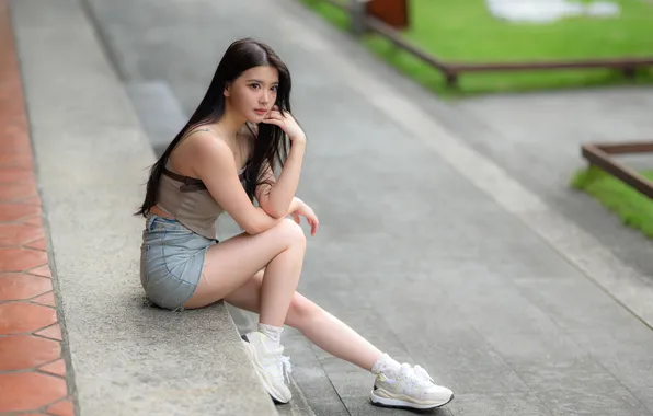 Feet, skirt, Mike, Asian, sitting, sneakers