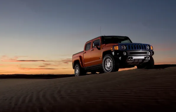 Sunset, desert, horizon, Hummer