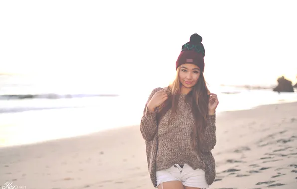 Picture girl, shore, hat, shorts, Keith Cheng, Hayley Garage