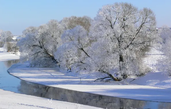 Winter, frost, the sky, snow, trees, river