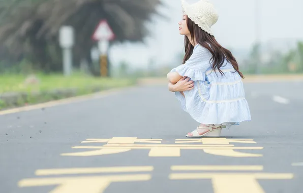 Road, dress, hat, Oriental girl