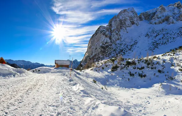 Picture winter, road, the sky, rays, snow, nature, photo, house