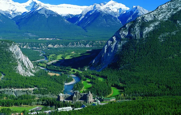 Forest, mountains, river, Canada, the hotel, Banff National Park, Canada, hotel