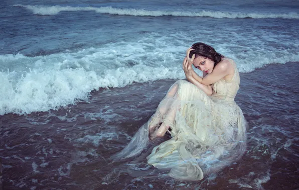 Picture sea, wave, girl, pose, hands, dress