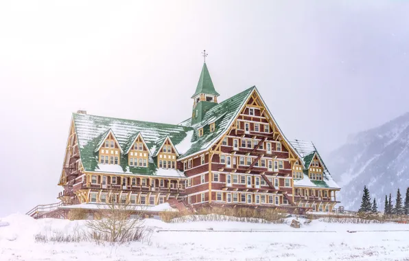 Picture winter, forest, snow, mountains, the building, House, the hotel, the hotel