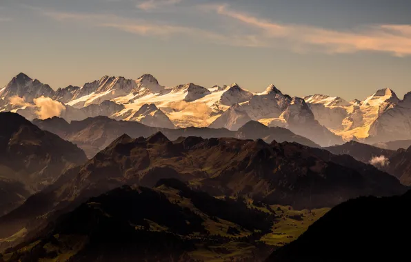 The sky, clouds, light, snow, mountains, nature, fog, rocks