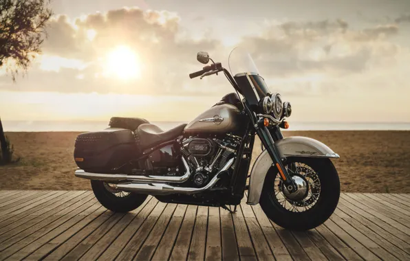 Sand, beach, the sun, clouds, sunset, Motorcycle, Harley, Harley Davidson