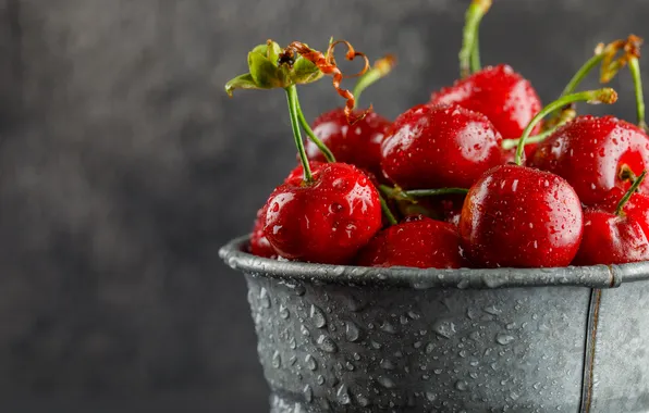 Drops, close-up, cherry, berries, grey background, cherry, bucket