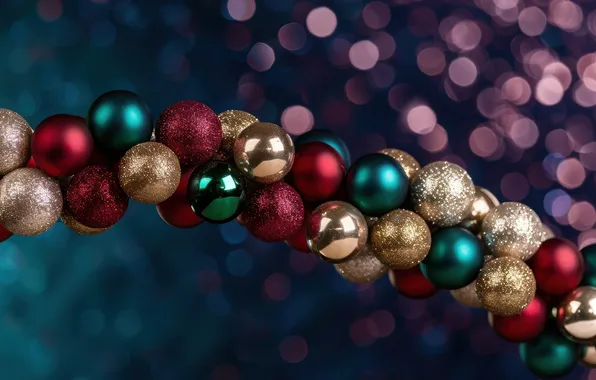 Balls, lights, the dark background, green, Christmas, red, New year, garland