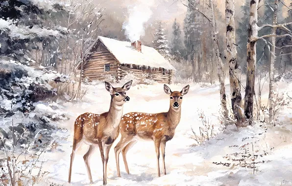 Winter, forest, snow, house, glade, smoke, spruce, deer