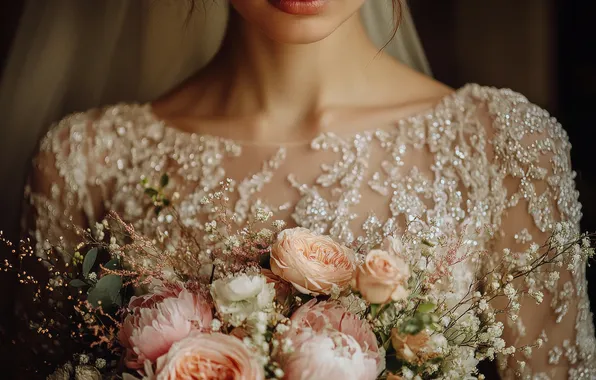 Girl, flowers, roses, bouquet, lips, pink, the bride, veil