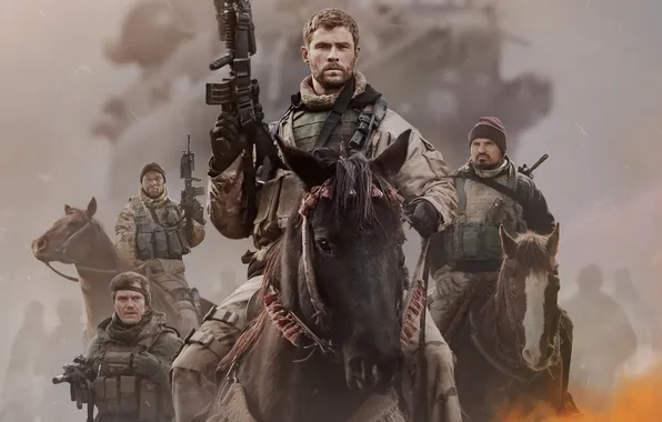 Weapons, horse, riders, action, poster, Chris Hemsworth, Chris Hemsworth, Michael Shannon
