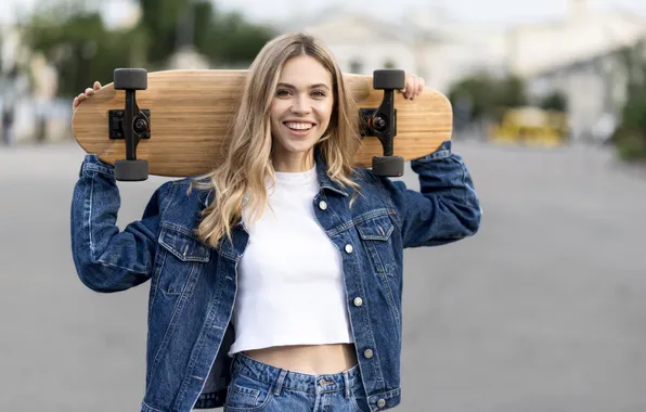 Woman, shot, skateboard, medium, holding