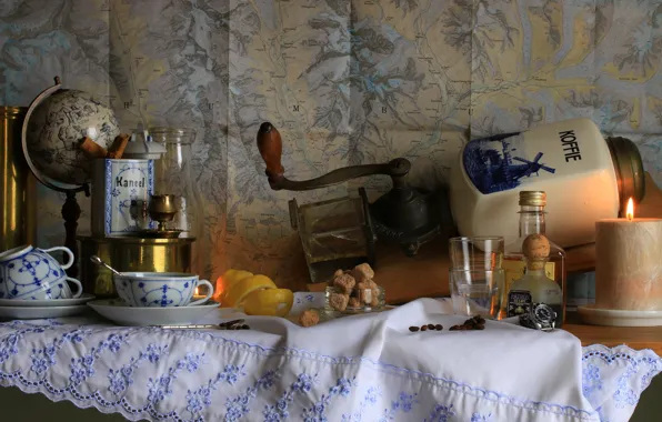 Picture candles, coffee grinder, glass, still life, coffee, Cup, globe, lemon