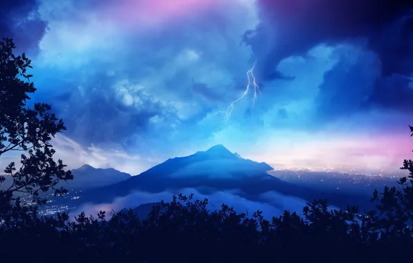 The storm, the sky, clouds, trees, landscape, mountains, night, branches