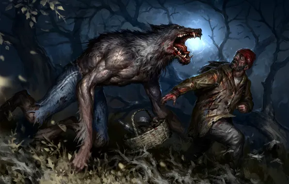 Basket, Night, Trees, Wolf, Male, werewolf