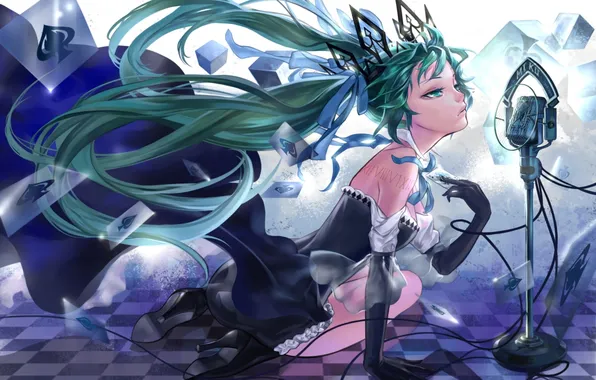 Picture card, girl, pose, the wind, dress, microphone, vocaloid, hatsune miku