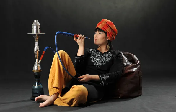 Girl, decoration, smile, hookah, brunette, turban