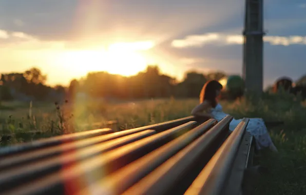 Picture girl, the sun, sunset, rails