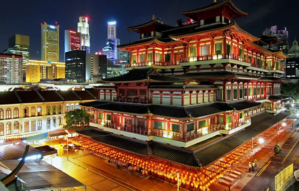 Picture night, lights, Singapore, Buddhist temple, the Museum complex