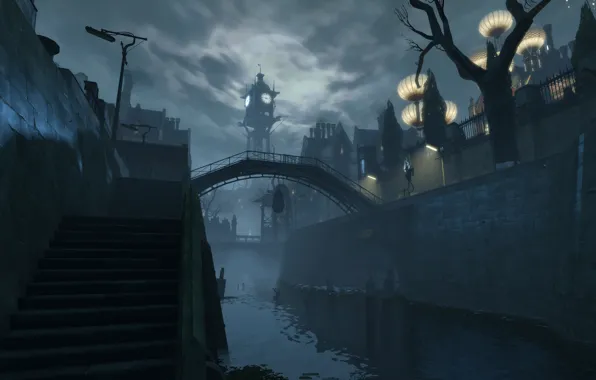 City, the city, river, street, the game, art, channel, Dishonored