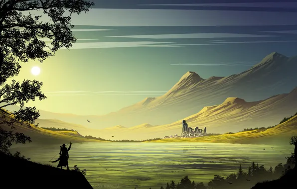 The sun, mountains, castle, warrior, pond