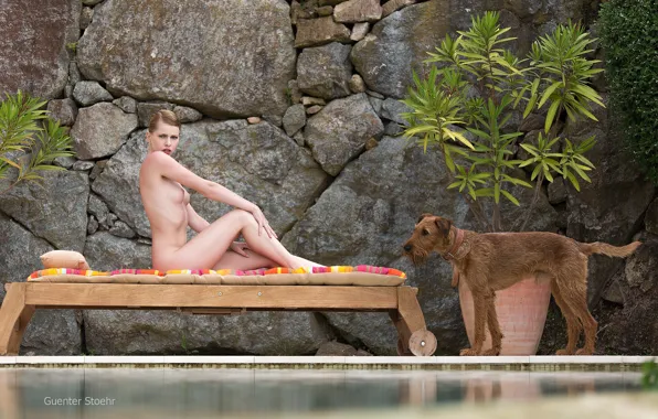 Chest, look, girl, pose, stones, wall, model, naked