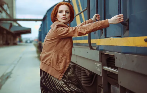 Look, girl, model, train, jacket, red, redhead, kassio. epia