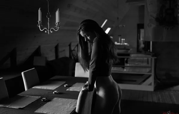 Girl, table, model, panties, candles, figure, hairstyle, chair