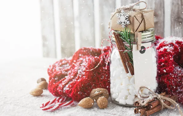 Winter, snow, red, table, box, gift, scarf, Christmas