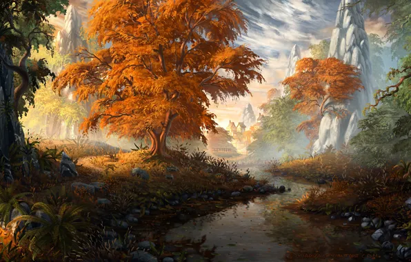 Autumn, trees, landscape, mountains, stream, home