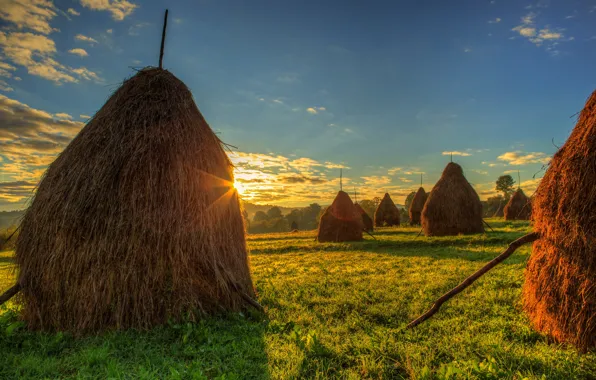 The sky, Field, Grass, Dawn, Hay, Landscape, Romania, stack