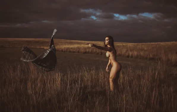 Field, chest, the sky, grass, girl, clouds, overcast, model
