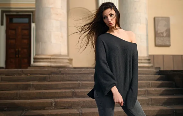 Model, the building, portrait, jeans, makeup, slim, hairstyle, ladder