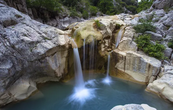 Rock, lake, waterfall