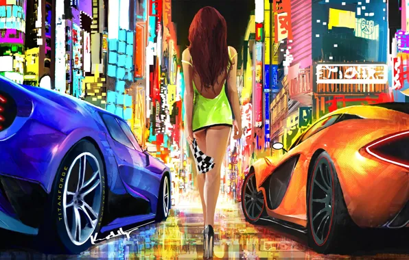 City, lights, girl, fantasy, supercar, digital art, artwork, fantasy art