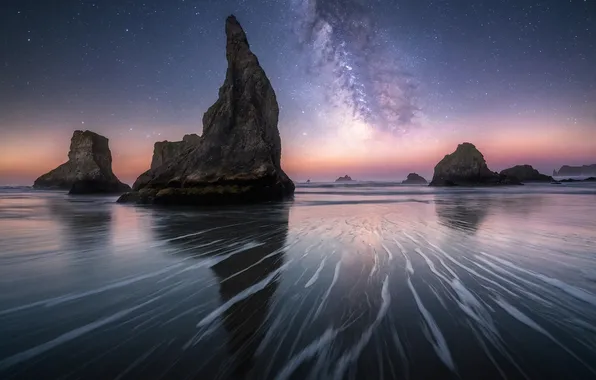 Night, rocks, The milky way, pond