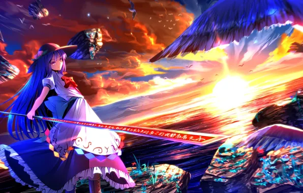 Sea, girl, the sun, sunset, birds, rocks, sword, anime