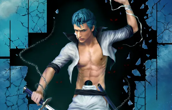 The wreckage, sword, art, guy, chain, Zetsuai89, bandage, grimmjow jeagerjaques