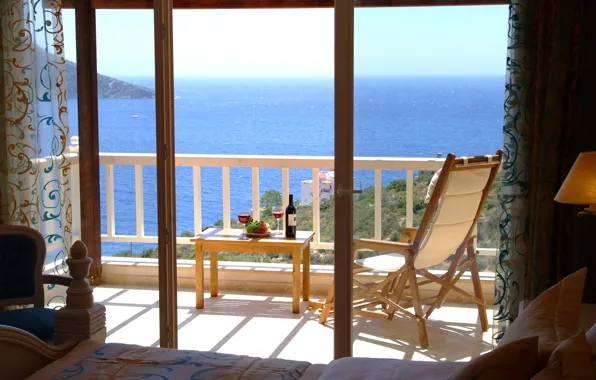 Picture room, interior, room, table, resort, wine, stunning view of the blue sea, sea