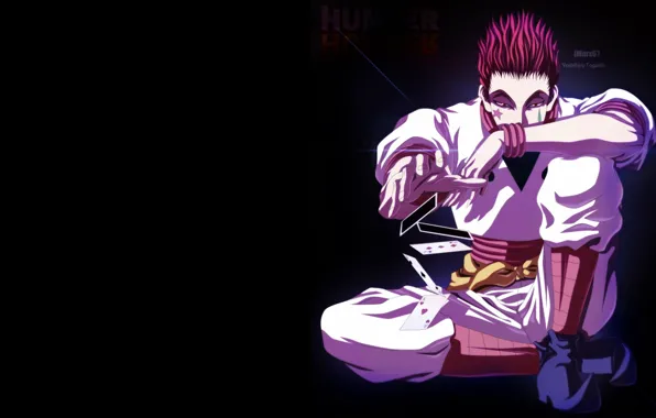 Wallpaper card, black background, hunter, Hisoka, Hunter x hunter