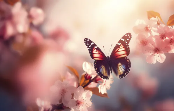 Light, butterfly, flowers, branches, butterfly, spring, pink, flowering