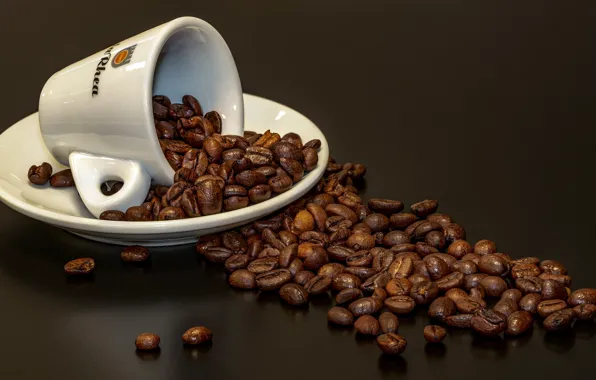 Picture coffee, mug, placer, coffee beans, saucer, brown background