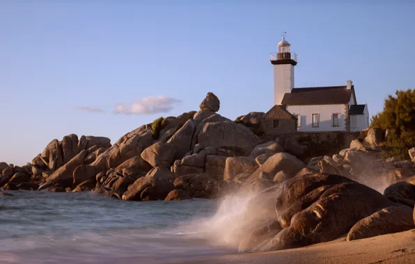 Sea, the sky, stones, shore, lighthouse, France, Brittany, lie