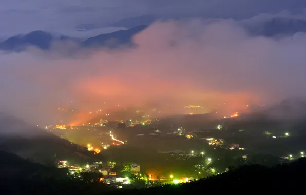 Picture night, the city, lights, fog, hills, height, the view from the top