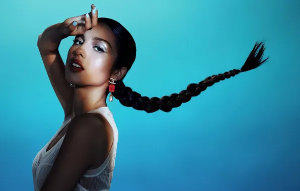 Movement, earrings, makeup, actress, singer, gesture, brown eyes, blue background